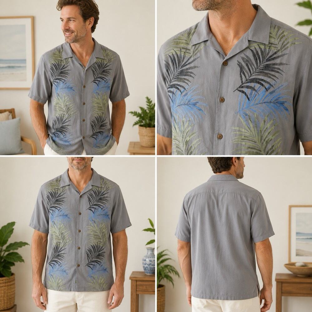 Tommy Bahama Mens XL 100% Silk Gray Palm Embroidered Hawaiian Camp Shirt